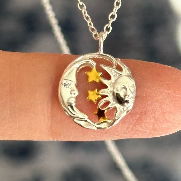 Sterling Silver Two Tone Moon and Stars Celestial Necklace - Picture 3 of 10